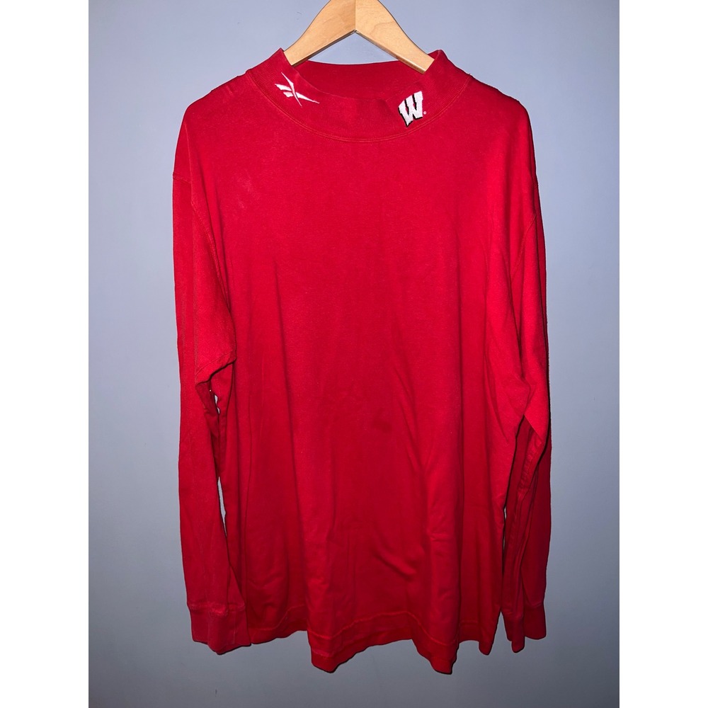 Vintage Reebok Wisconsin Badgers Mock Neck Long Sleeve Shirt Red Embroidered